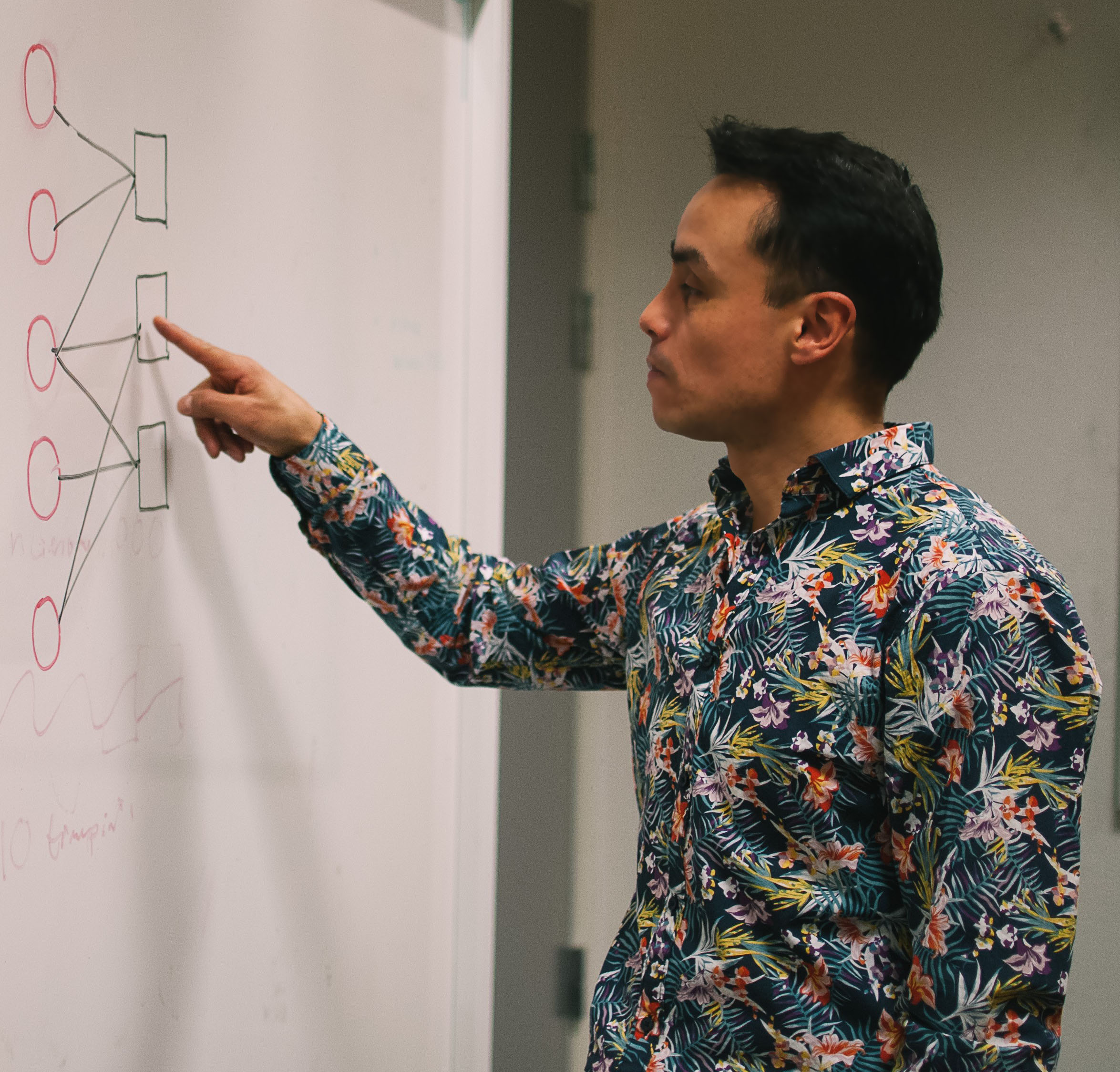 A person looks at a network figure on a white board